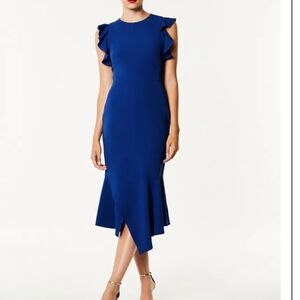 Karen Millen Royal Blue Midi Dress with Ruffle Sleeves